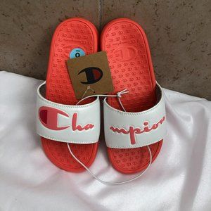 NWT CHAMPION WOMENS SUPER SCRIPT SLIDES CM100378W WHITE/GRAVY PAPAYA